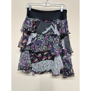 Kenar Floral Ruffle Tiered Skirt Size 6 Black Purple Sheer Layered y2k feminine